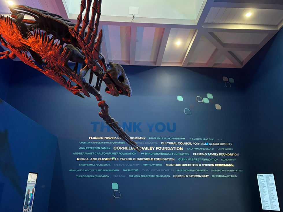 In the foreground, a large ancient sea turtle fossil is suspended from the ceiling. In the background, names of donors are imposed on a dark blue wall in silver, teal and frosted white letters.