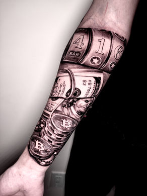 Realism money tattoo on arm by Rex, Wild Crane Tattoos, GTA