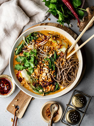 Spicy ramen with tofu, bok choy and noodles in a bowl