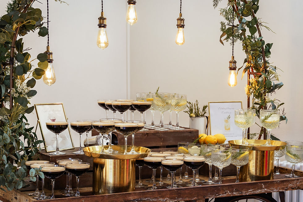 Wedding cocktail cart with espresso martini's and elderflower collins