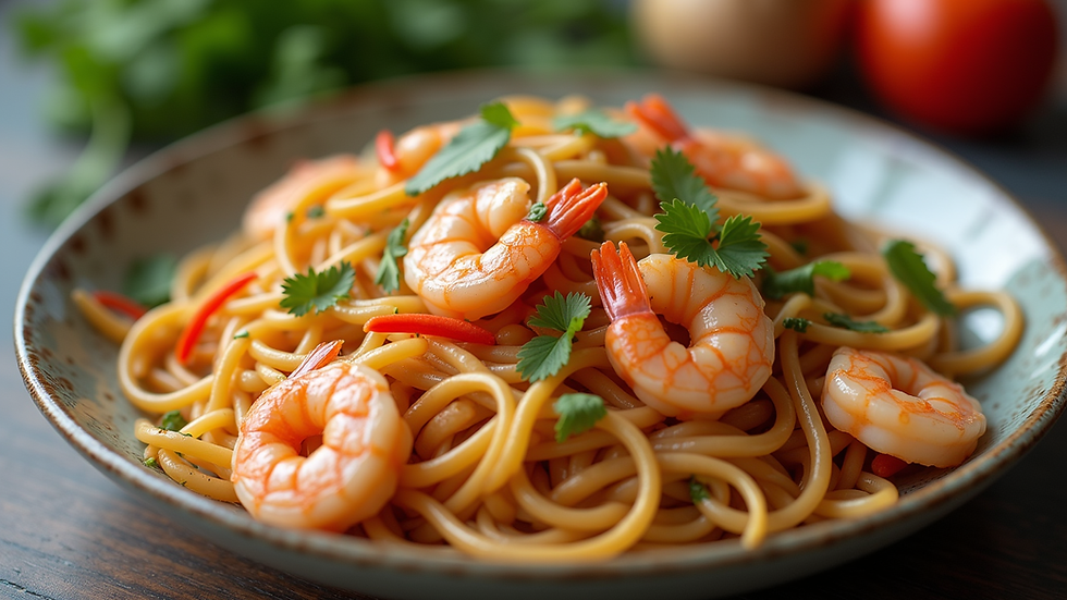 Close-up view of a plate of Pad Thai with shrimp and peanuts