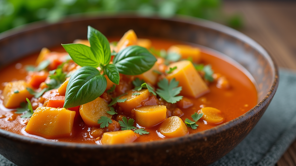 Close-up view of a colorful Thai curry dish with fresh herbs