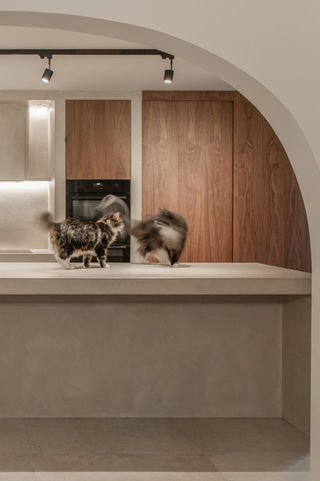 Interieur met gebogen houten maatwerk, natuurstenen bar en warme materialen.