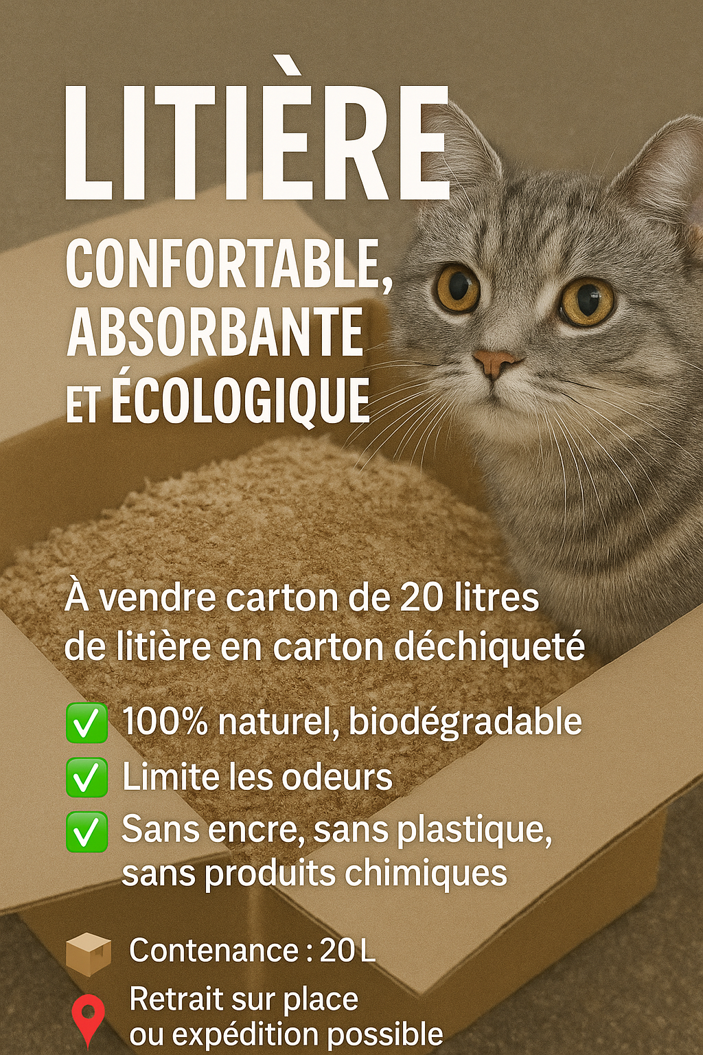Litière végétale écologique pour chats - carton de 20 litres