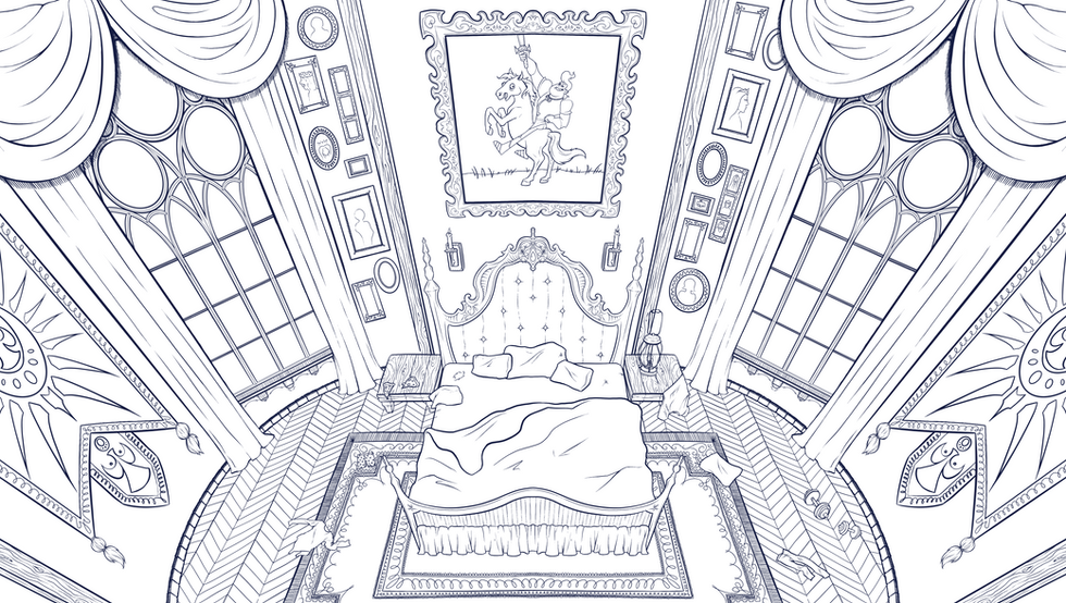 A big, messy castle bedroom with high ceiling, kingsized bed and lots of picture frames