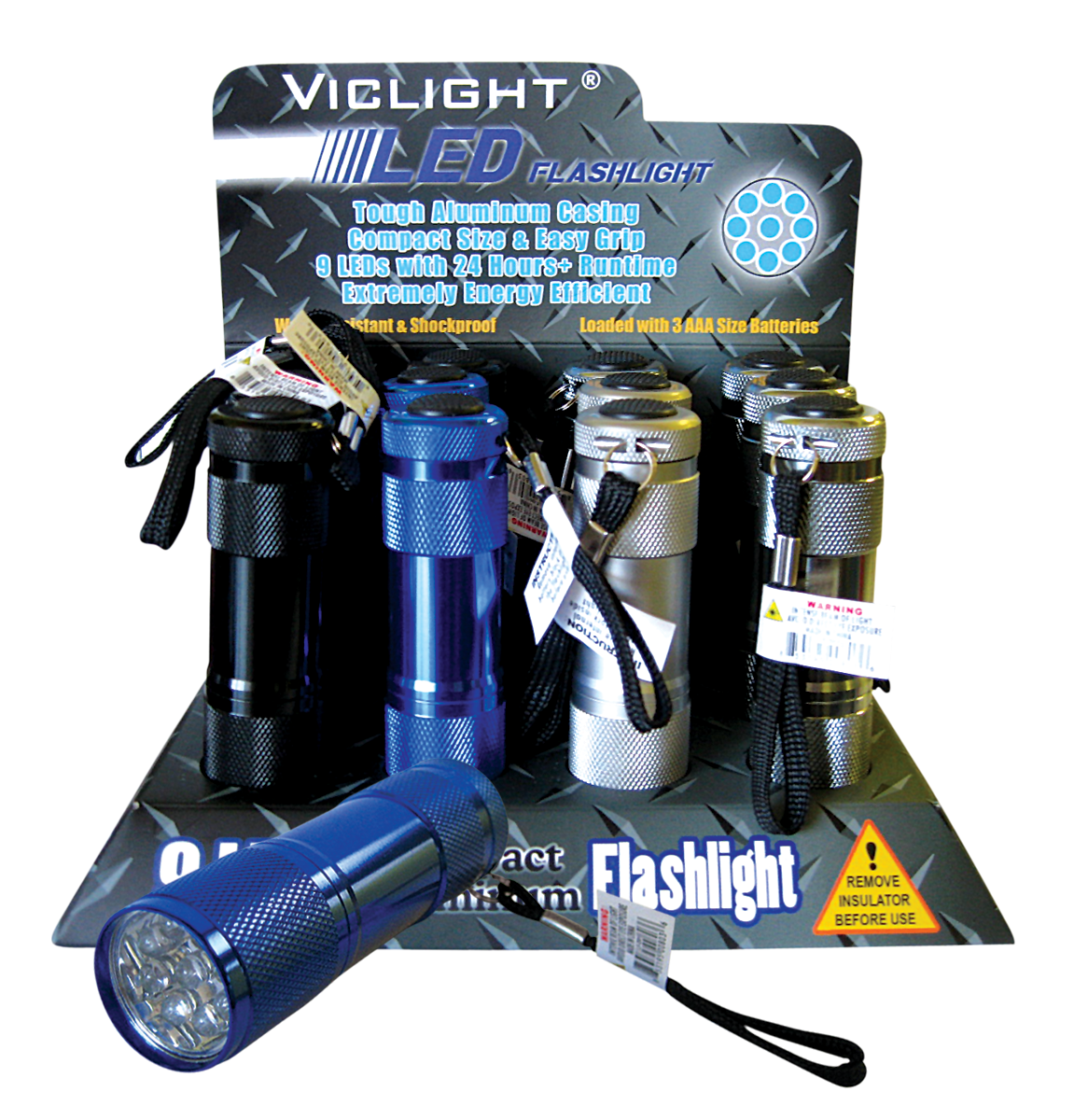 Viclight 9 LED Flashlight (Batteries Included), Assorted Colors, 12-Unit Display