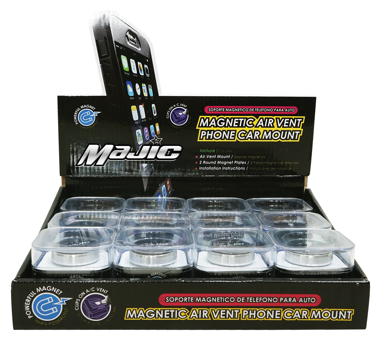Majic Magnetic Air Vent Phone Car Mount, 12 Unit Display, Assorted Colors