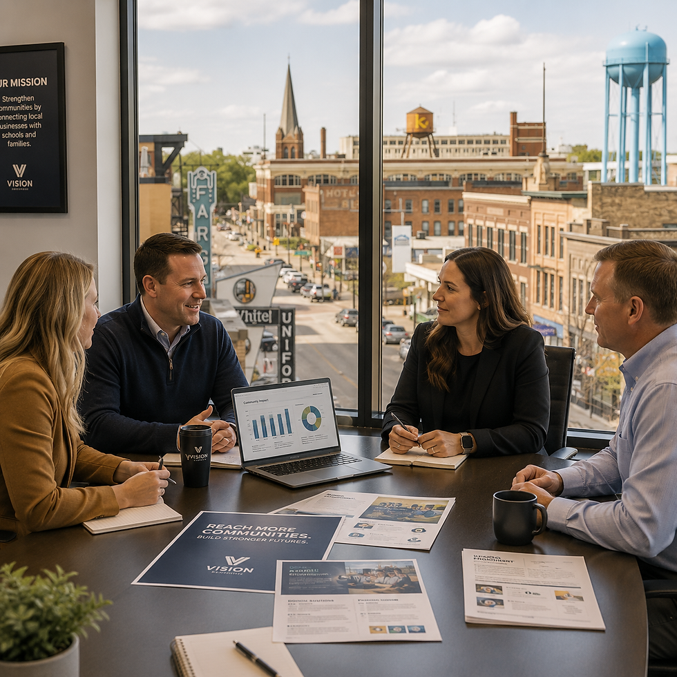 Local business leaders meeting and reviewing marketing plans in a modern office.