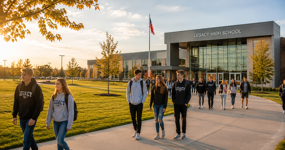 High school students walking across campus during an early fall afternoon.