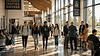 High school students and community members interacting in a bright modern school commons area.