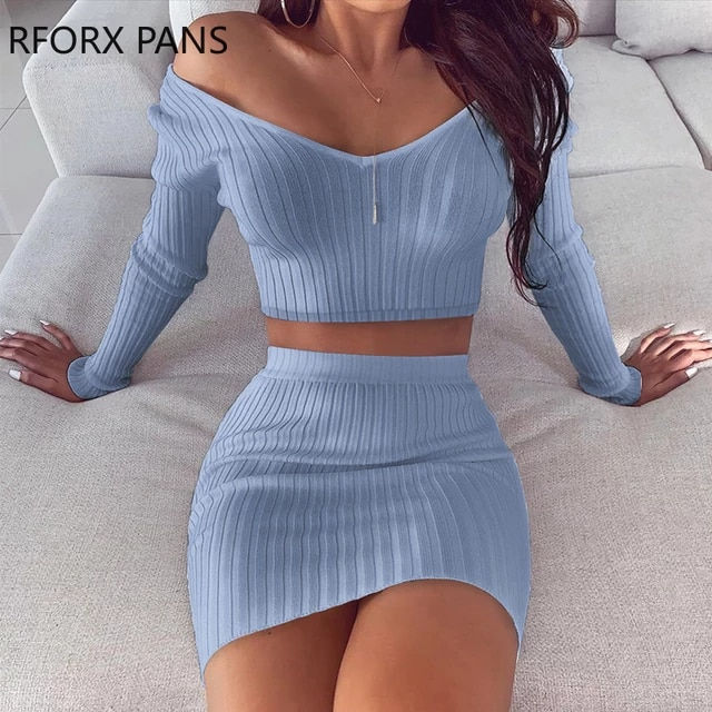 Thumbnail: Solid Ribbed Crop Top & Skirt Sweat Suit Set
