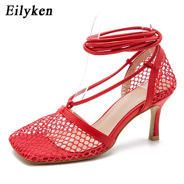 Thumbnail: Mesh Pumps Sandals with Square Toe High Heel Lace Up Cross-tied