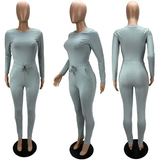 Thumbnail: Yoga Set with Round Neck Long Sleeve Top & Drawstring High Waist Leggings