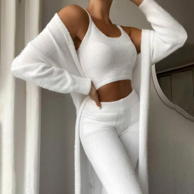 Thumbnail: Skinny Leggings Cardigan Three piece set top and pants Coat Bodycon Crop Top