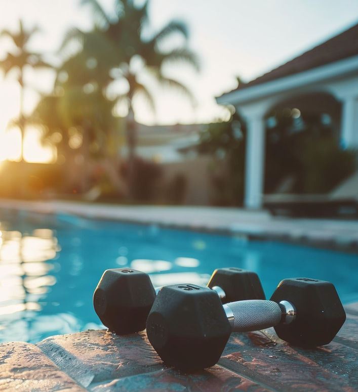 Dumbbells by a private villa pool at sunset during a fitness retreat in Costa Rica