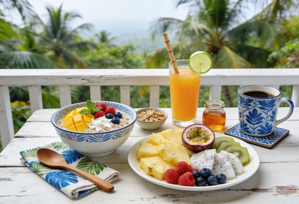 Tropical breakfast with fresh fruit, oatmeal and coffee on a jungle-view terrace during a retreat in Costa Rica