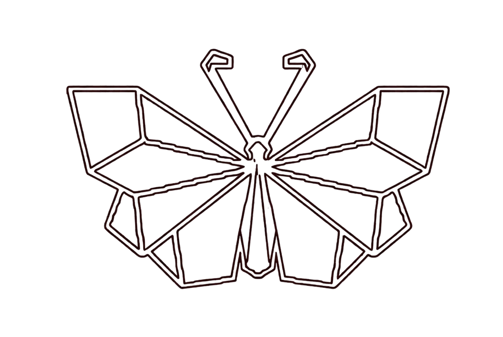 Minimalist digital illustration of a butterfly outlined in thin red lines against a stark black background. The geometric, wireframe style creates a modern and sleek aesthetic.