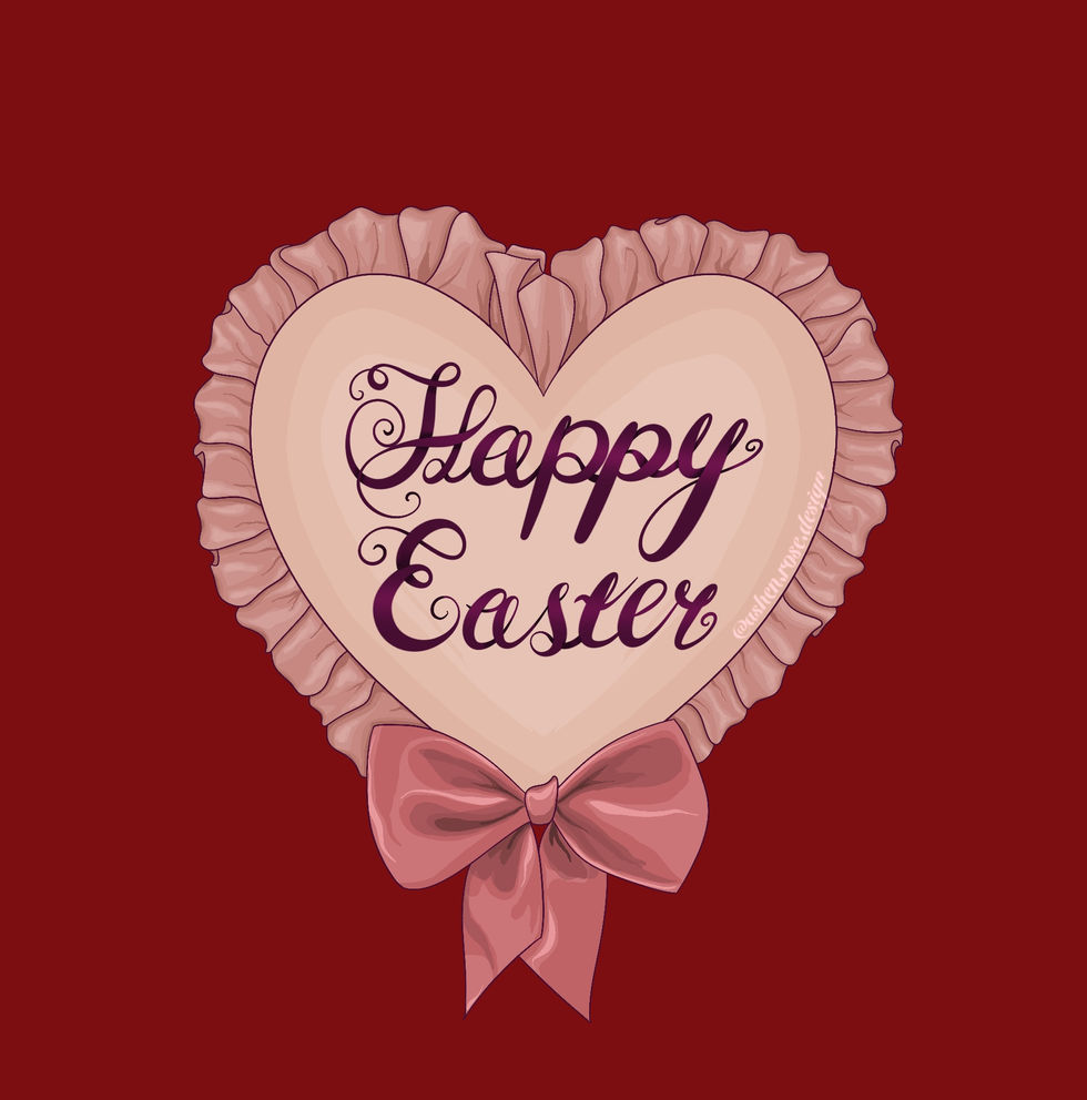Text says “happy easter” join dark purple calligraphy. It sits on a pale pink heart, with pink drills around the edge a bow at the bottom. The background is a dark red.