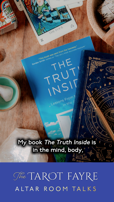 A photo of a table spread that has books, including Ali's. The banner at the bottom reads "The Tarot Fayre: altar room talks"