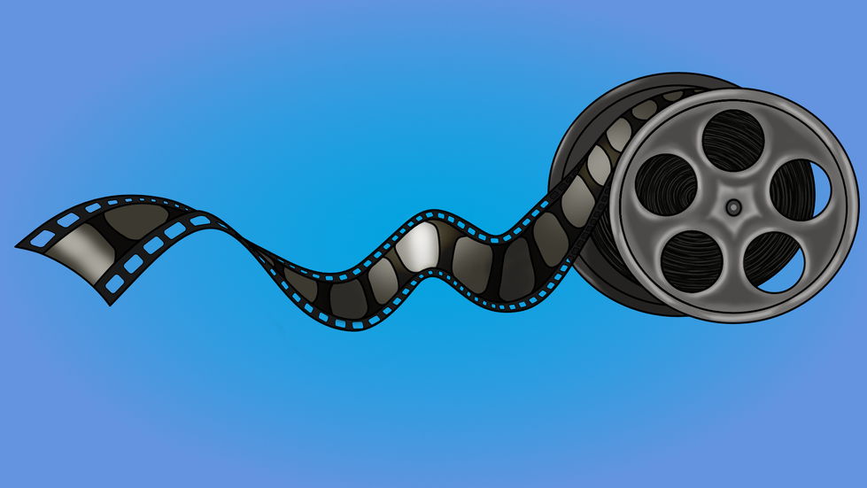 An illustration of a vintage film roll that’s partially unravelled across the floor. The background is blue, blending into a different shade of blue in the centre.