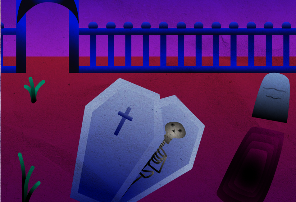 A scene depicting an open coffin with a skeleton peeking out of it. To the right is a gravestone with a hole where the grave should be. In the background is a fence and entrance to the cemetery. The colour palette is purple, pink, blue and grey, with a gradient in various directions to add depth. 