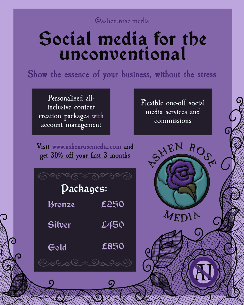 A poster that has my prices and what I do. The design has a corner of lace with “AI” crossed out.