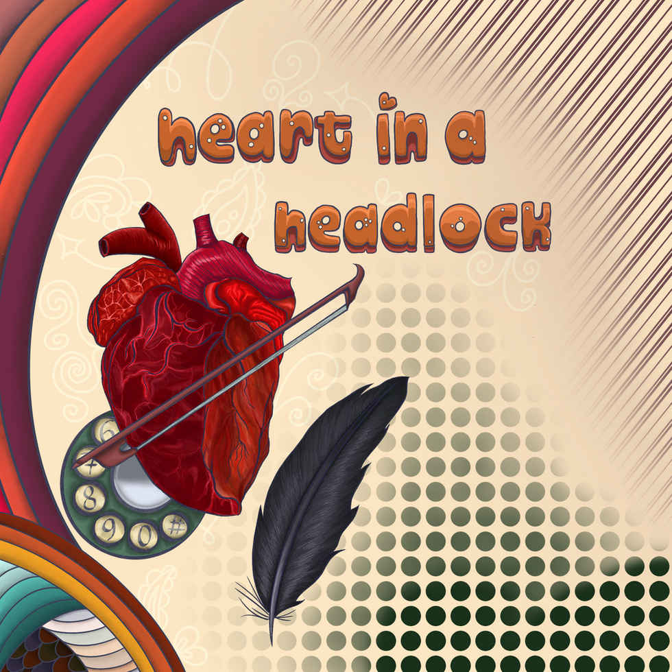 A beige background with stripes and dots on the top and bottom right-hand corners. Text reads "heart in a headlock" in orange bubble typeface. There is an anatomical heart with a violin bow across it. behind this is the face of a retro rotary phone in a dark green. To the right is a black feather. The left has an archway border of various colours.