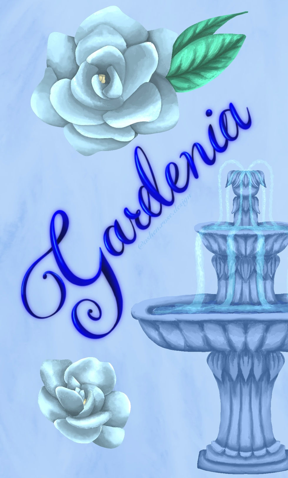 Blue calligraphy reads “gardenia” at an angle. At the bottom left is a white gardenia flower, there is also another gardenia flower at the top, drawn with a leaf. On the bottom right is a three tier water fountain with water flowing out of it.