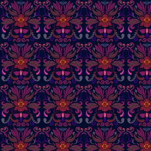 A floral repeating pattern with orange, pink, purple and teal detailing on a navy background. 