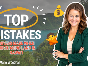 Maile Woodhall beside text reading Top Mistakes Buyers Make When Purchasing Land in Hawaiʻi over a Big Island landscape