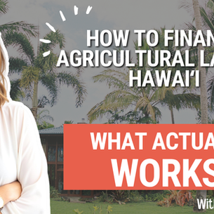 Maile Woodhall beside text reading How to Finance Agricultural Land in Hawaiʻi over a Big Island landscape