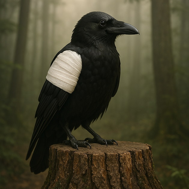 A realistic image of a raven with one wing wrapped in a bandage. The raven is perched on a