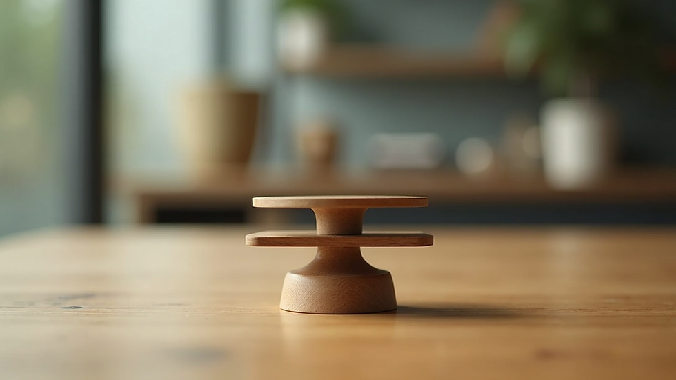 Eye-level view of a balanced scale on a wooden table