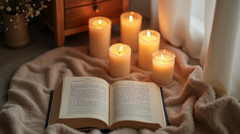 High angle view of a cozy space with candles and a self-care book
