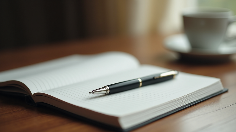 Close-up view of a journal and pen on a wooden desk