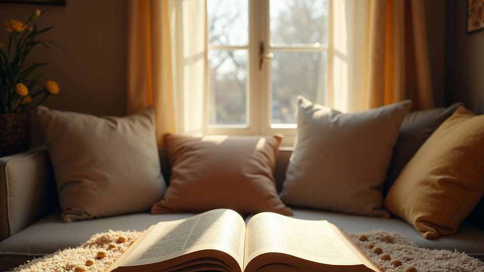Eye-level view of a cozy reading nook with soft cushions and warm lighting