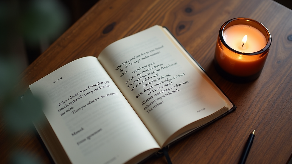 High angle view of a journal with motivational quotes and a candle