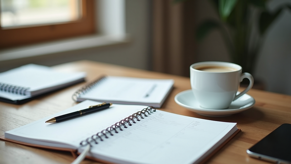 Eye-level view of a desk with a planner and a cup of coffee