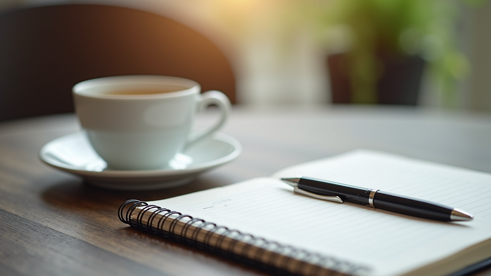 Close-up view of a planner with a pen and a cup of tea