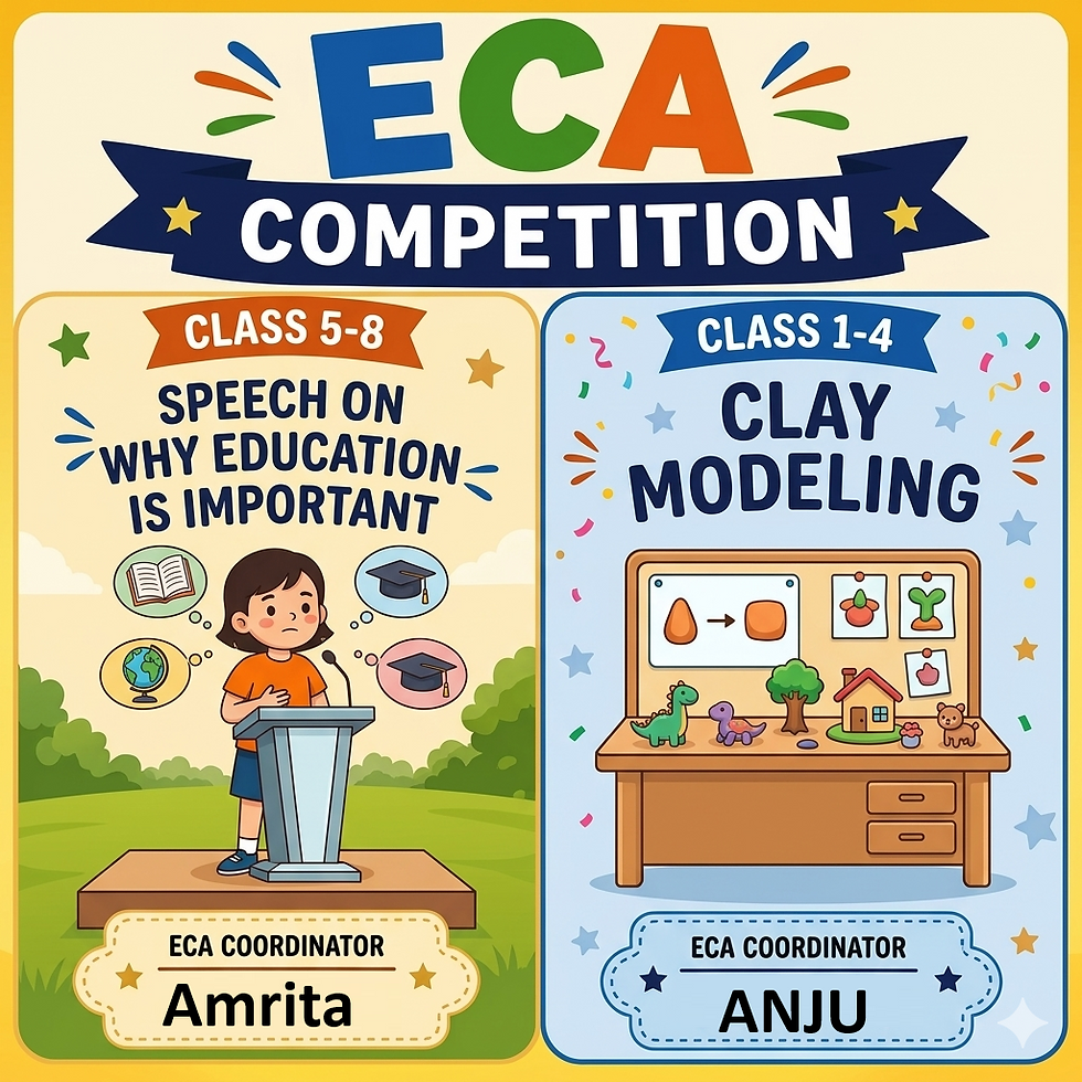 ECA ACTIVITY: Class 1 -Class 4: Clay Modeling, Class 5 to Class 8: Speech in English, Why education is important