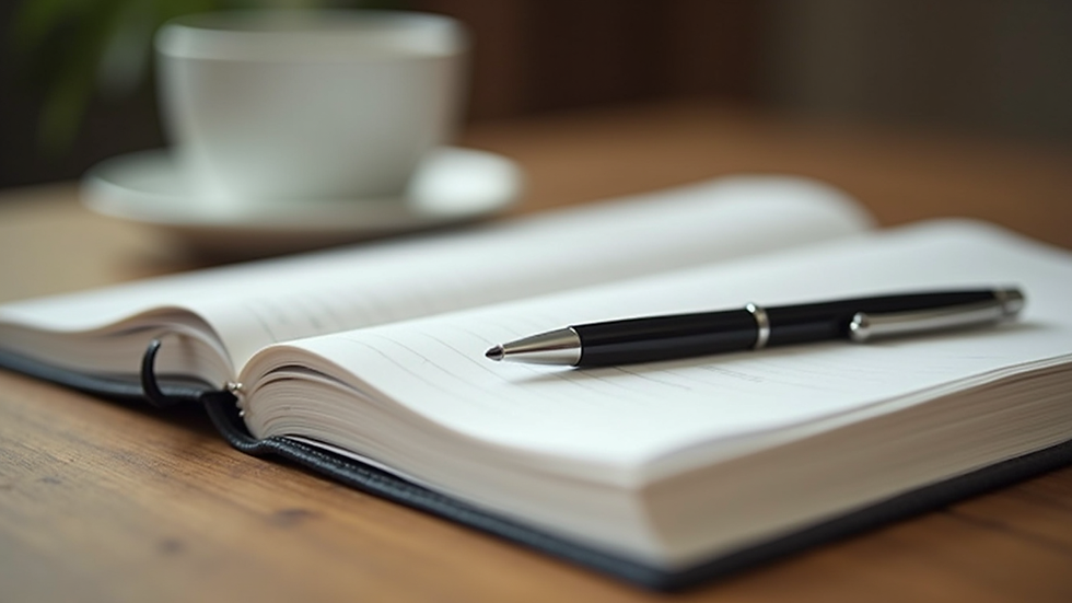 Close-up view of a journal and pen on a wooden table, symbolizing reflection and personal growth