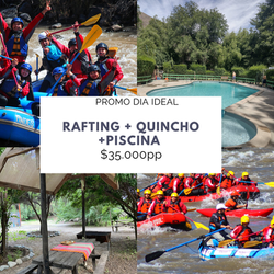 Grupo disfrutando de rafting en el Cajón del Maipo, con acceso a piscina y quincho