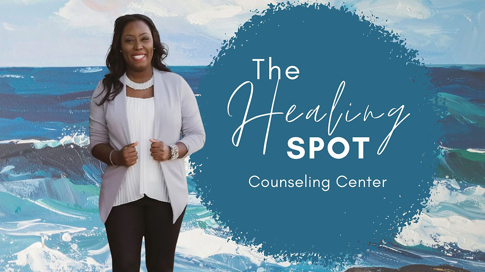 African American woman standing in front of ocean waves next to logo the healing spot