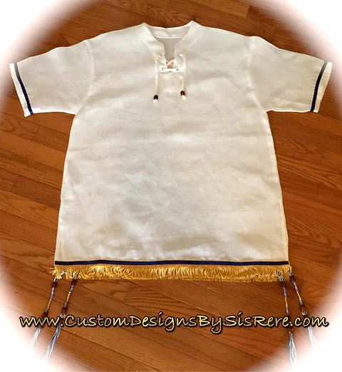 Beaded Linen Brother Tunic W Blue Border Fringes Sis Rere