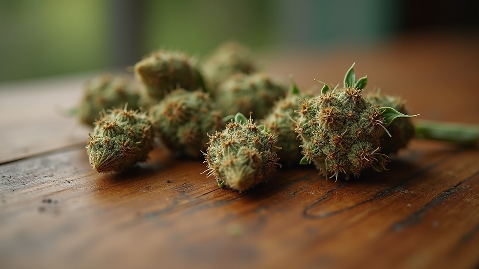 High angle view of THC-A flower buds on a wooden table