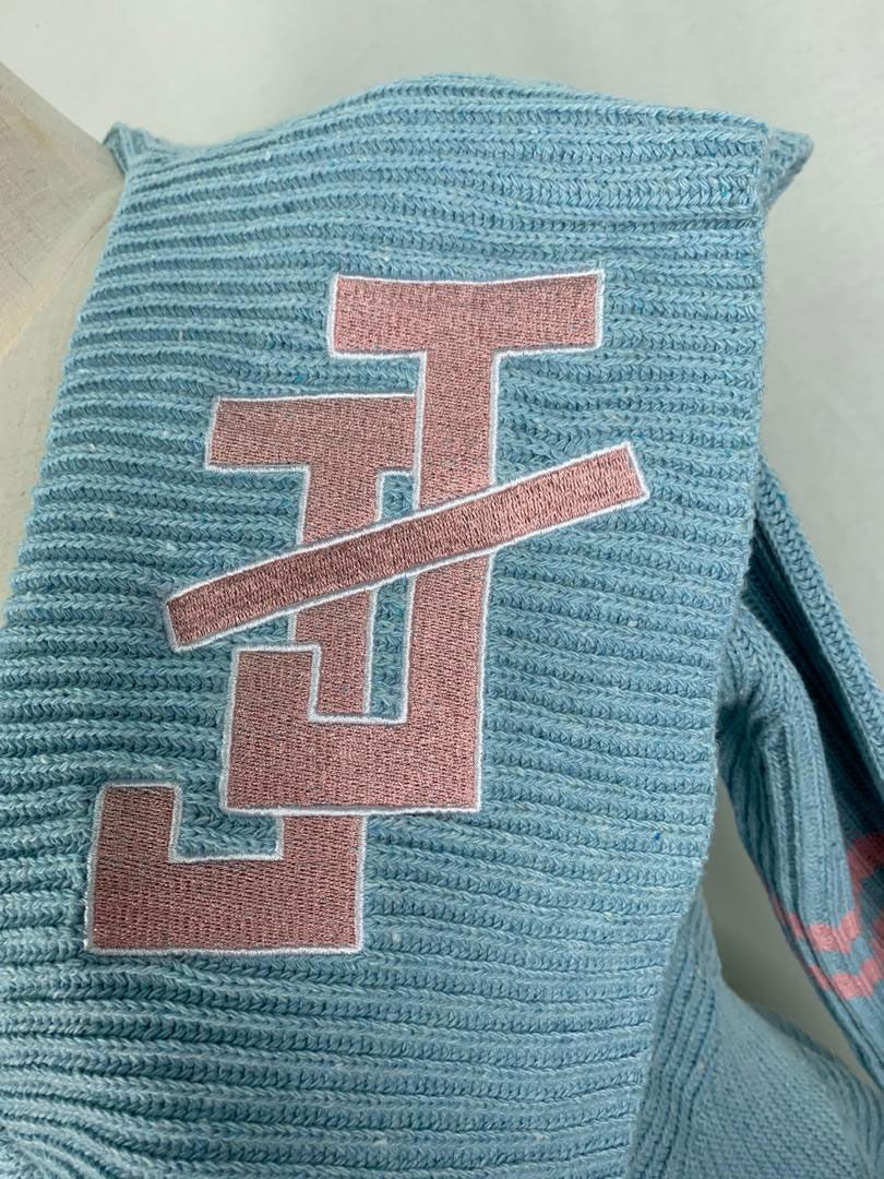 Thumbnail: Ladies Peplum Varsity Sweater-JJ (Blue) 