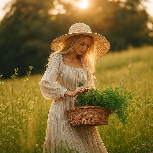 blonde in a flowy sun dress with a big hat covering her face picking herbs in field and pu