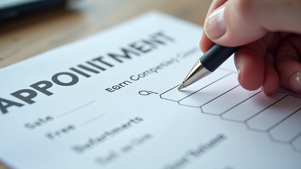 Close-up view of a medical appointment form being filled out with assistance