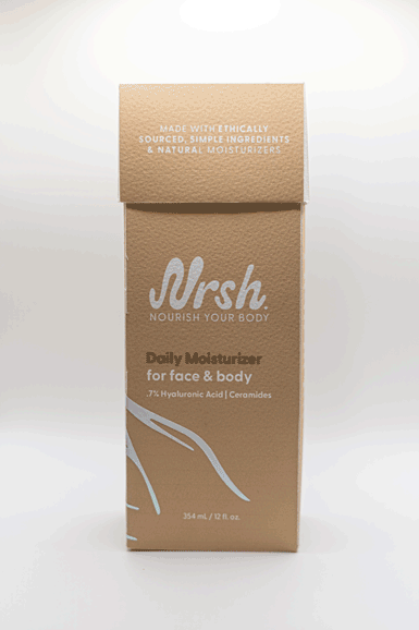 Nourish packaging box, 360 rotation gif, nude color, vinyl shining texture effect