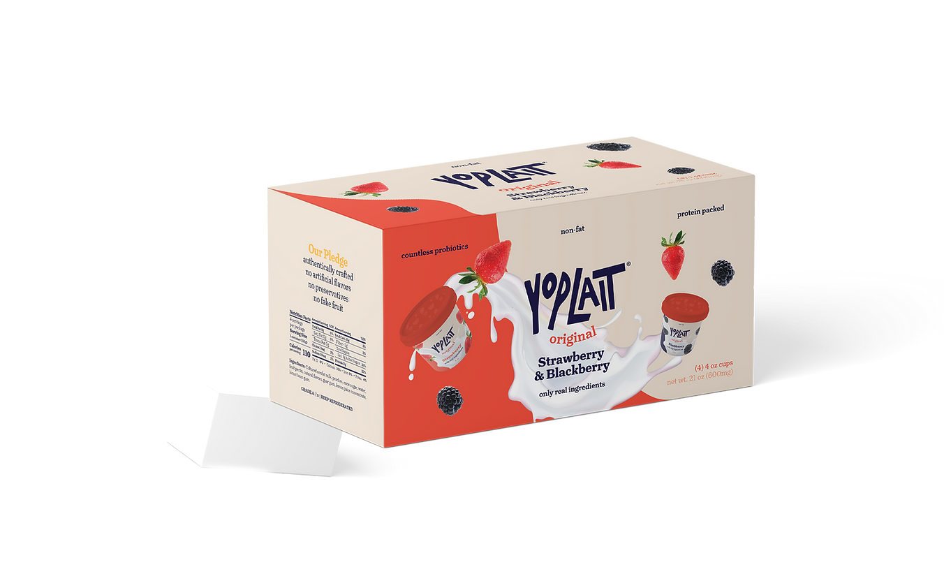 Yoplait variety berry box, 4 count, red, has graphic of milk spilling with fruit and cups of yogurt